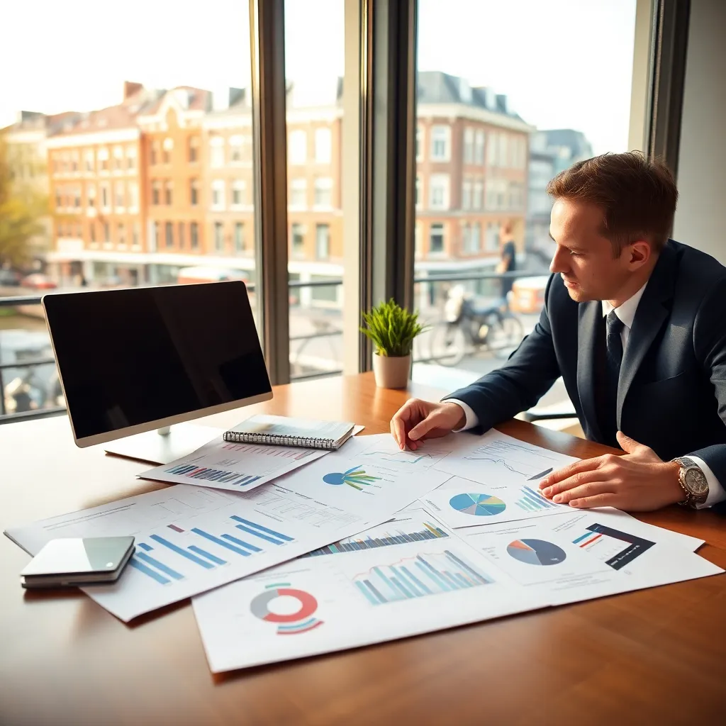 Nederlandse belegger analyseert portfolio op laptop met belastingdocumenten