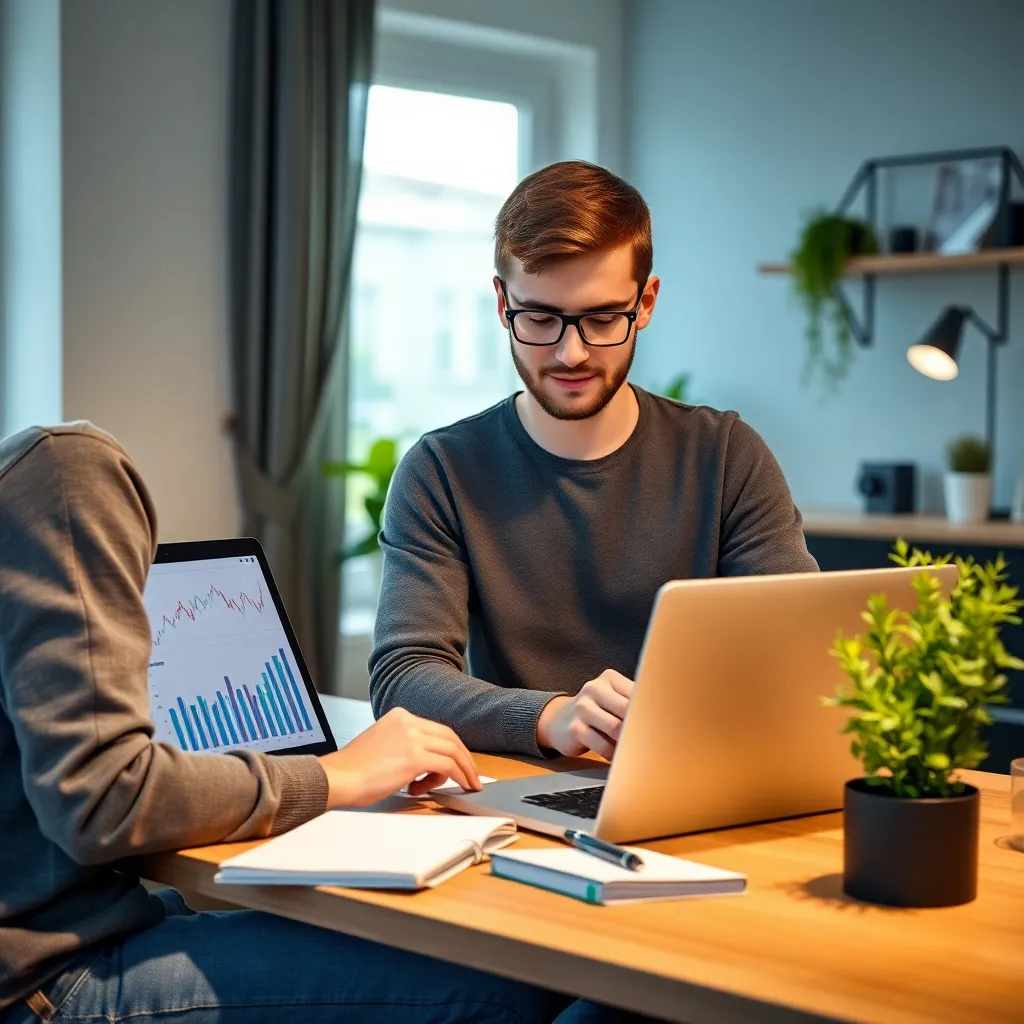 Beginnende investeerder bestudeert beleggingsopties op laptop